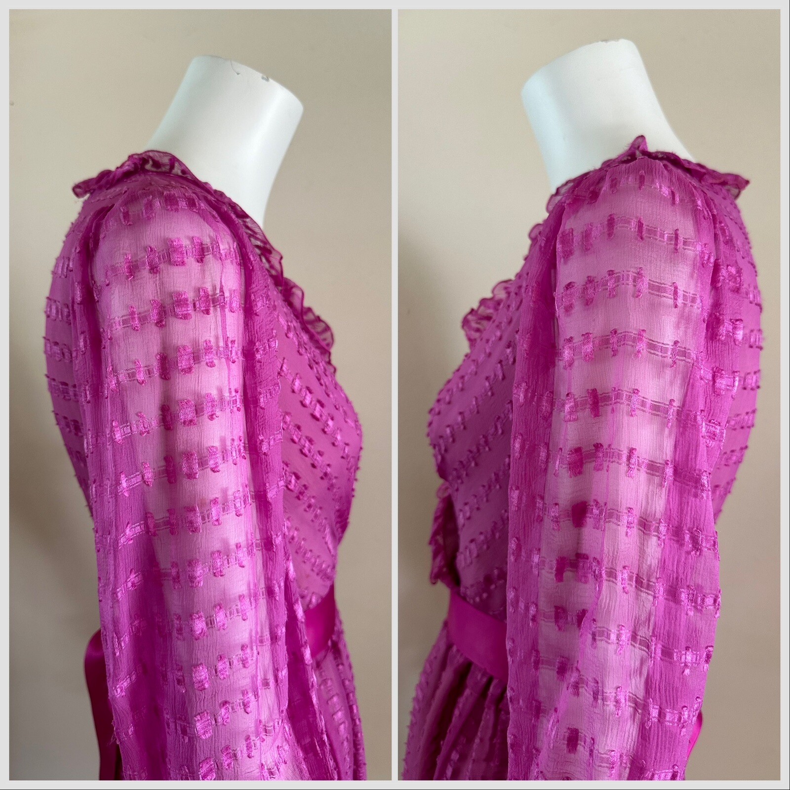 1980s Neiman Marcus Pink Sheer Ruffle Wrap Dress Ribbon Belt Petite Vintage