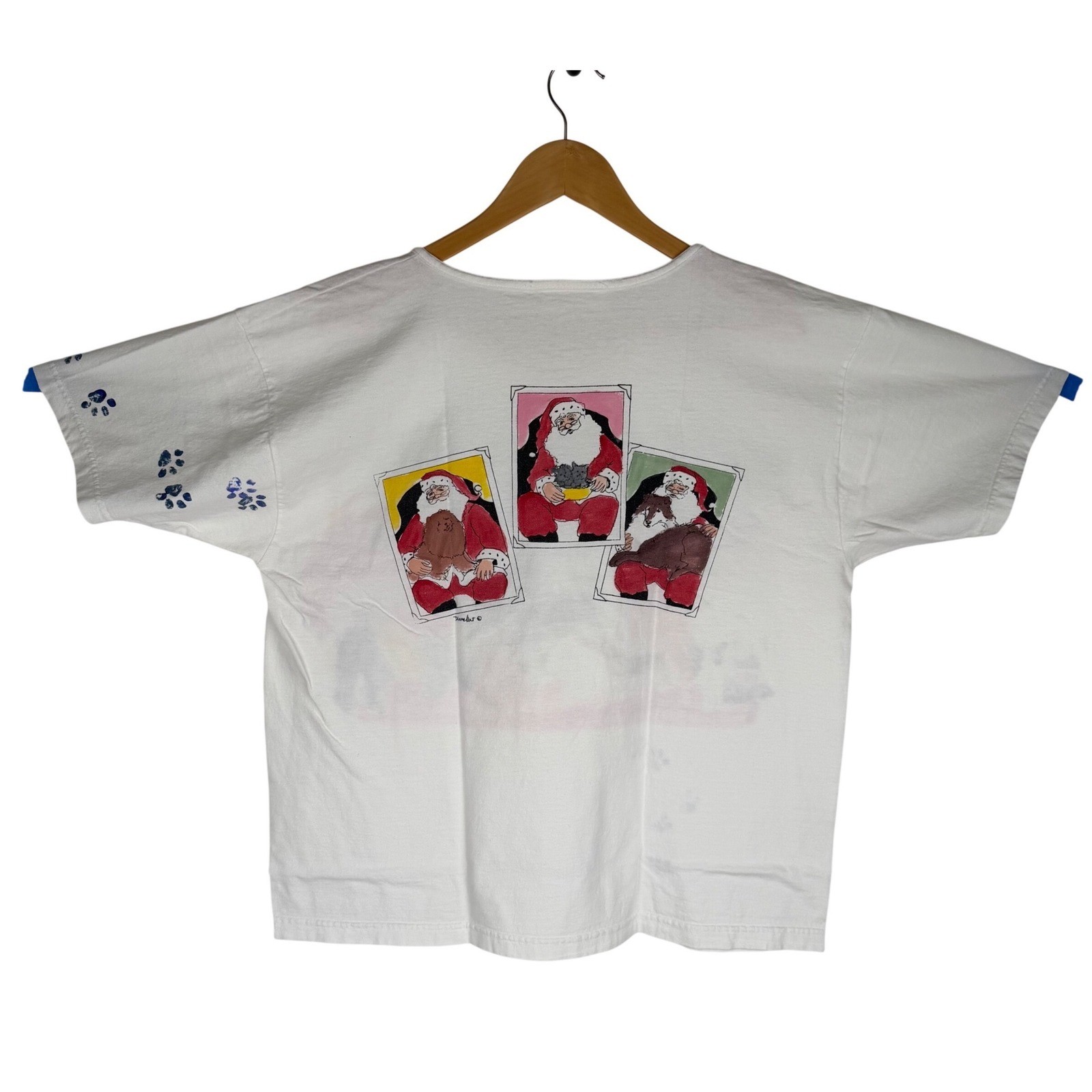 Vintage Diane Wat Hand Painted Christmas Dogs Santa T-Shirt White One Size