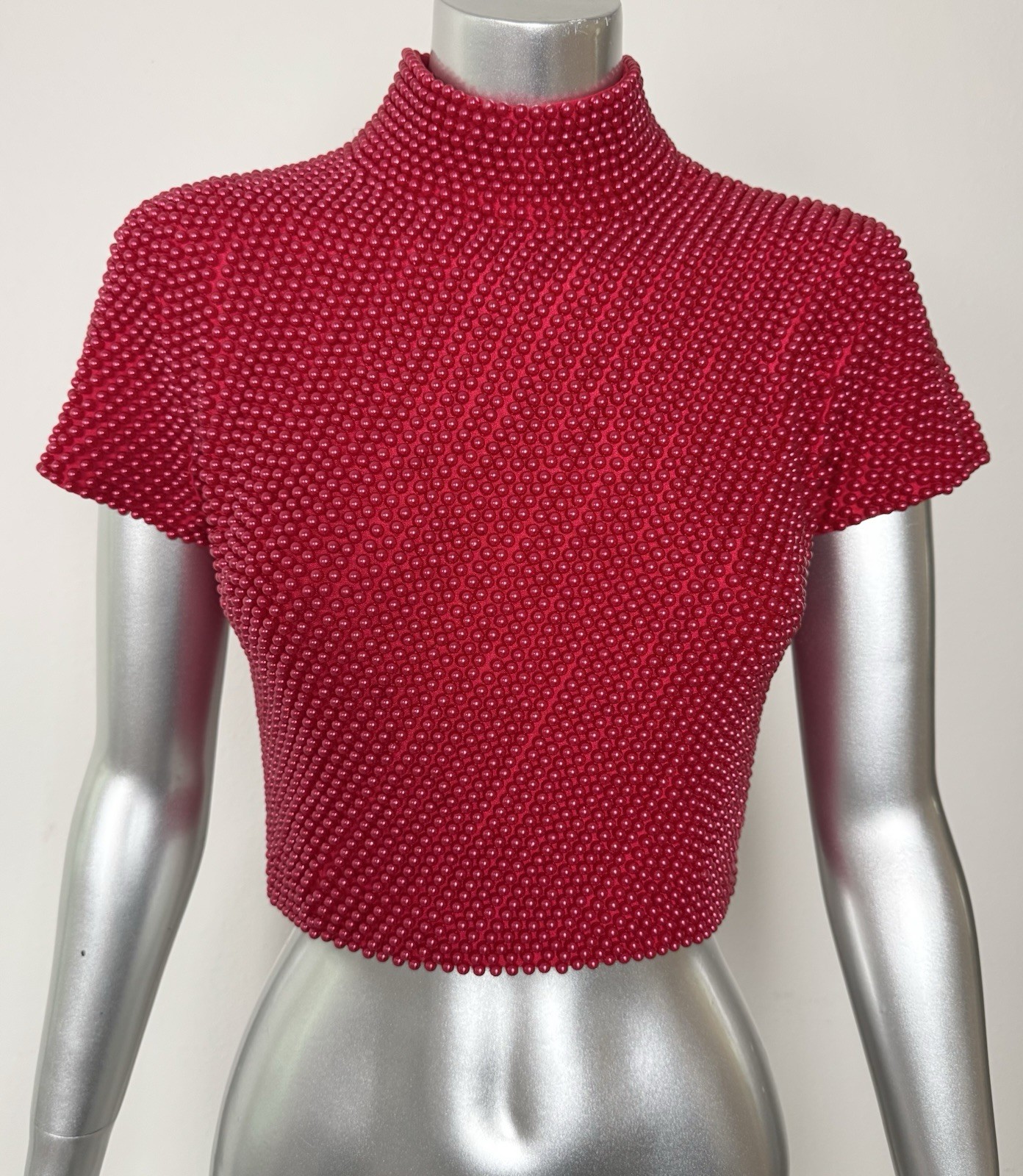 Vintage Cache Red Pearl Beaded Top 80s 90s Mock Neck Editorial Glam Sz 8