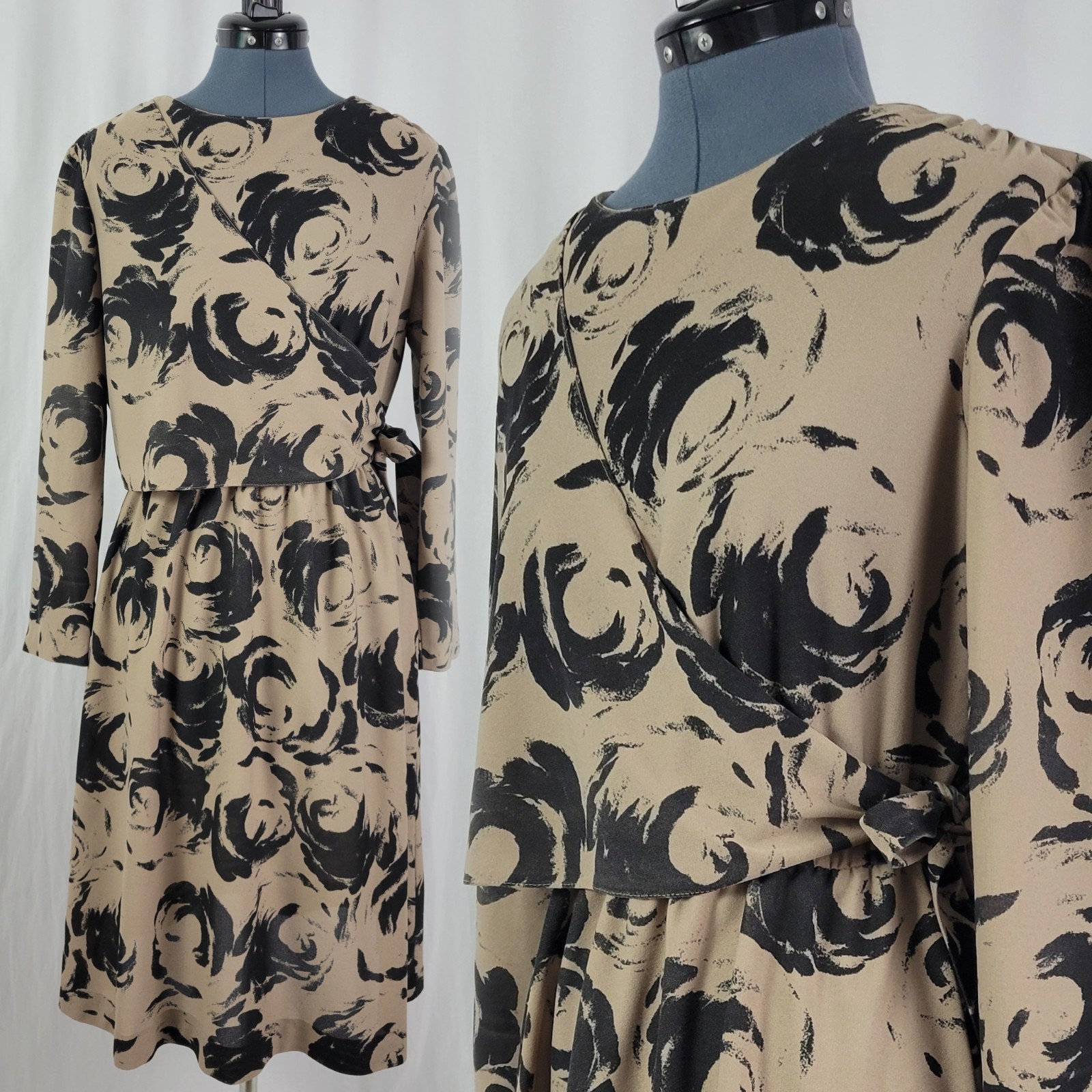 Vintage Marti Petite Brown & Black Blouson Dress w Overlay Wrap Size 16
