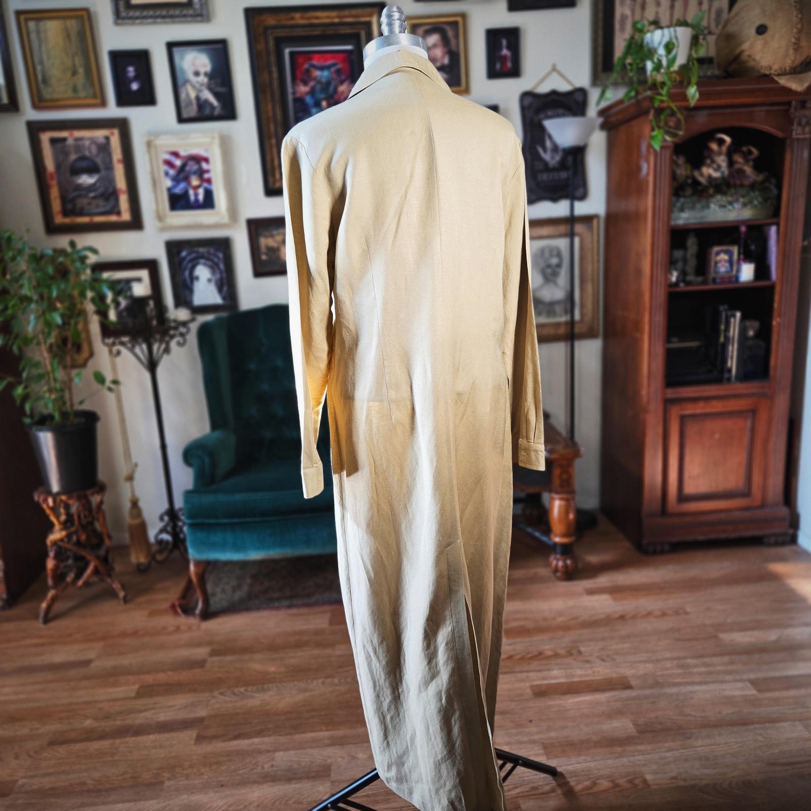 Styleworks Maxi Dress Vintage 90s Tan Linen Rayon Button Front Long Sleeve 12