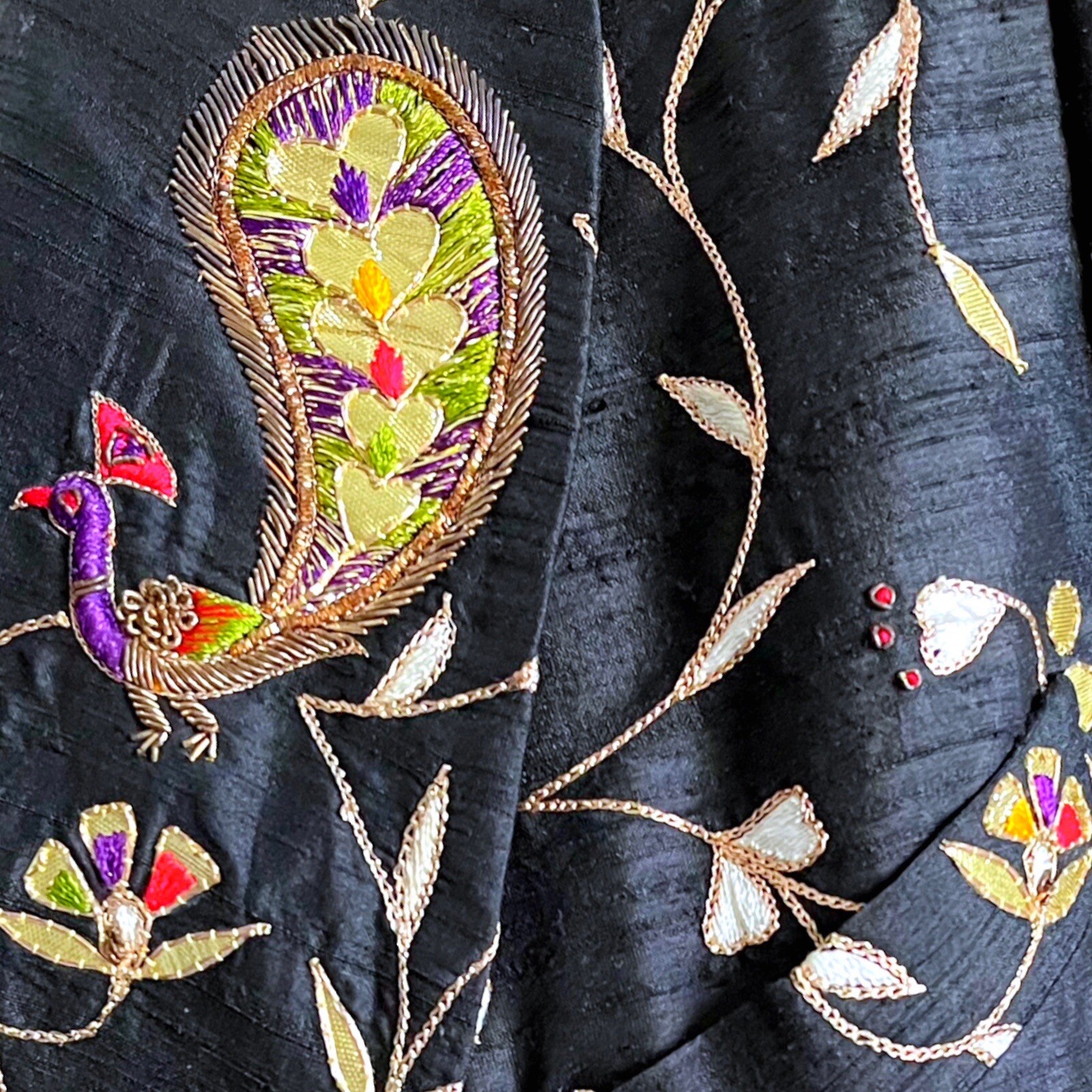 1980s Vtg Indian Sequin Silk Metallic Peacock Zardozi Evening Tuxedo Jacket L