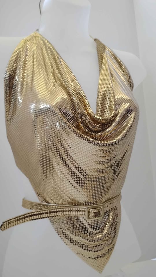 1970’s Women’s O/S Disco Gold Chainmail Metal Mesh Halter Top Belt & Purse 3 PCS