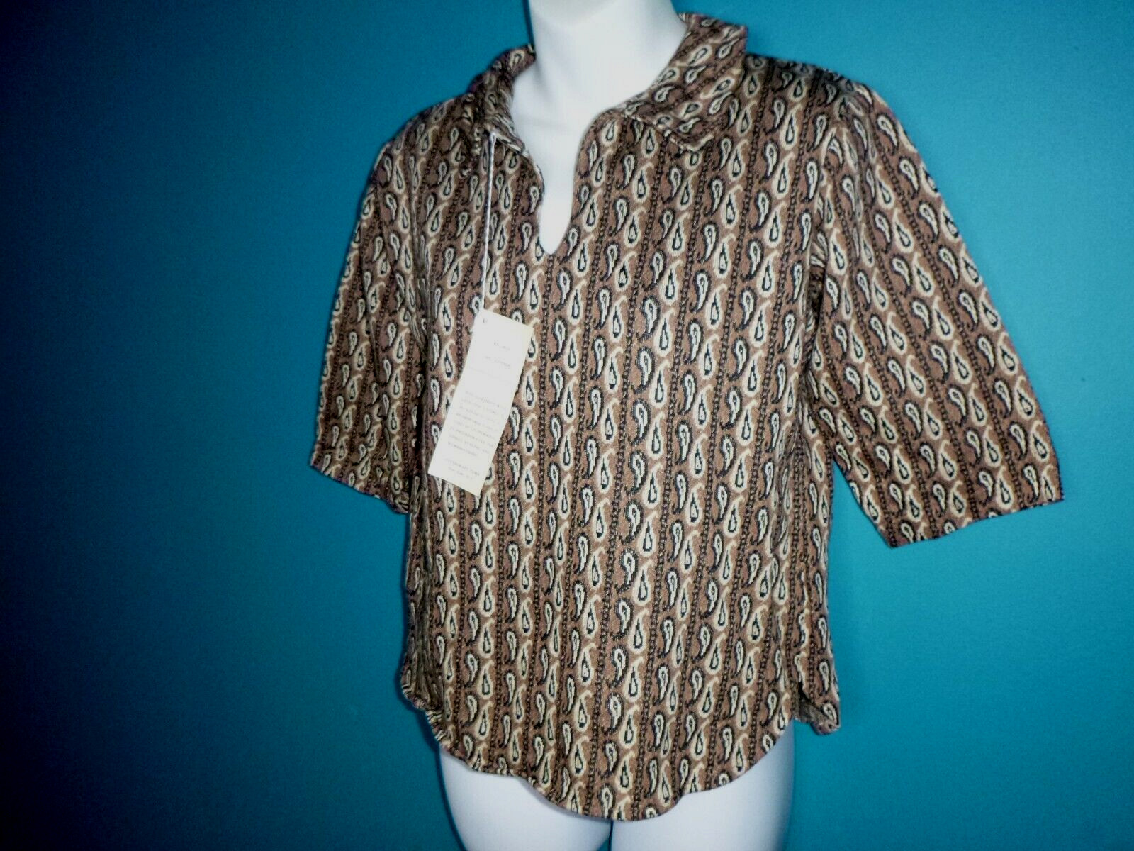 NOS Vtg 60s Stylecraft Cotton Knit Top Brown Black Paisley Sz M/L DEADSTOCK