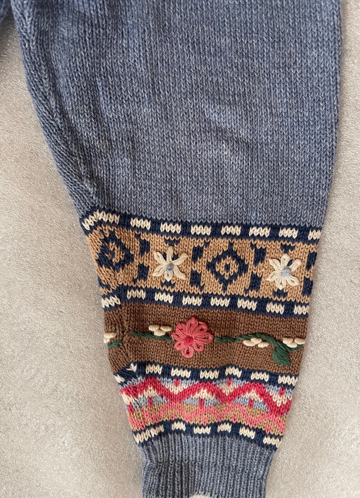 Y2K JANTZEN CLASSICS, RAMIE COTTON KNIT BLUE CARDIGAN HAND STITCHED FLOWERS, EUC
