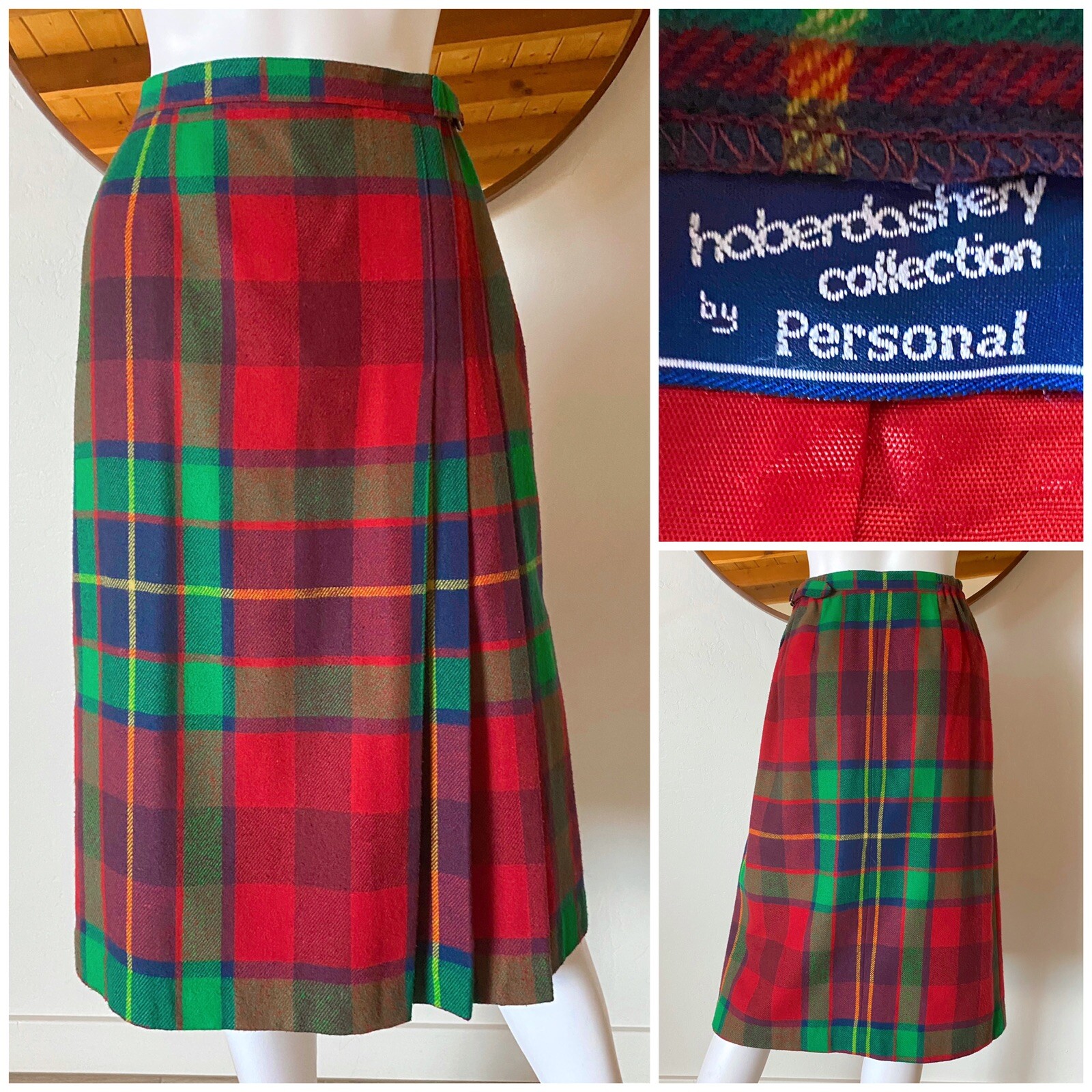 VTG 80’S HABERDASHERY PLAID SKIRT WOOL FRONT PLEAT SIDE ZIP BUCKLE FITS 26-28″W