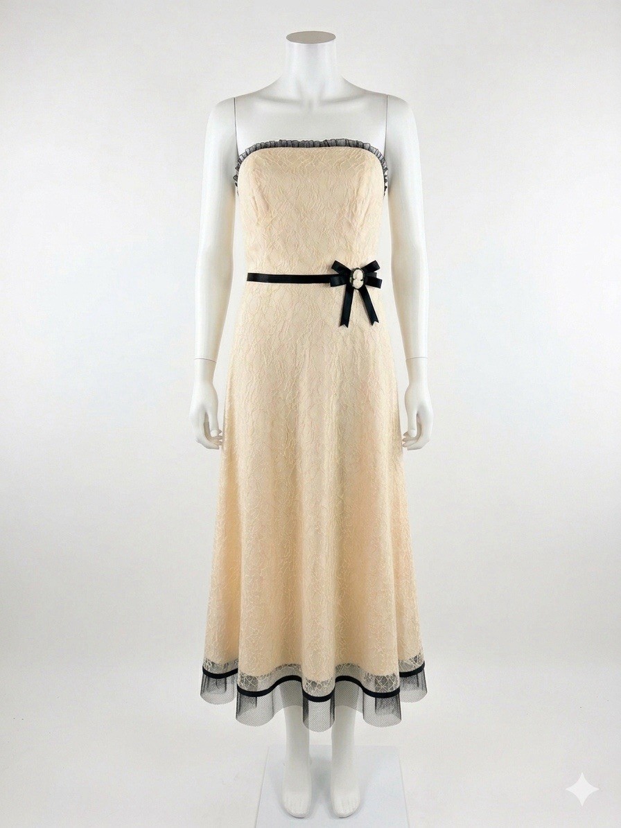 Vintage 2003 Charlotte Russe Cream Strapless Midi Dress Black Bow Junior 13 Y2K