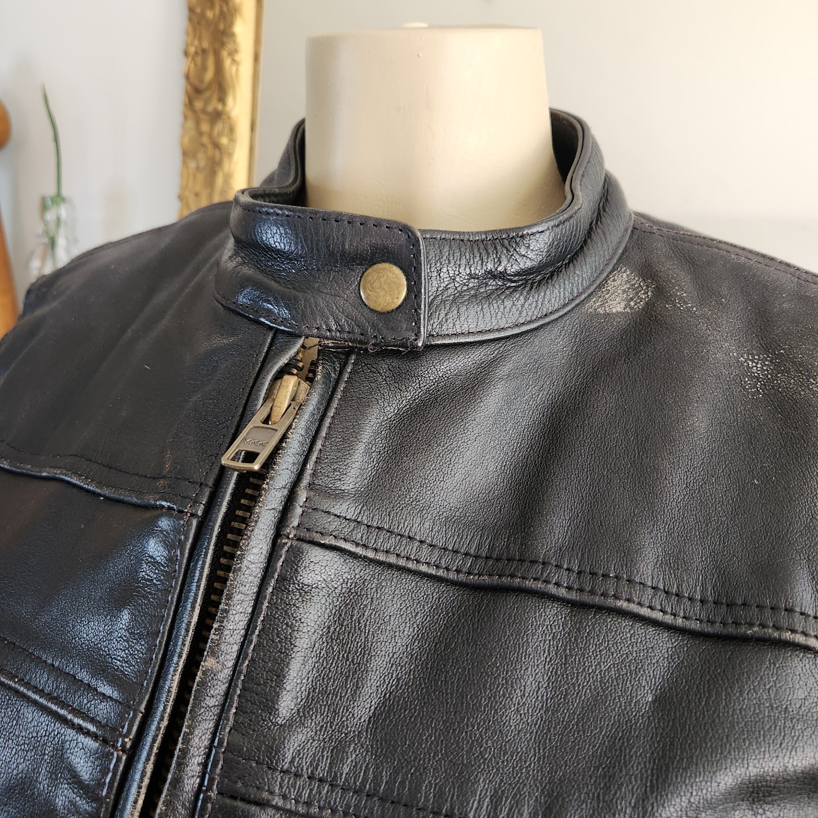 Vintage 80s Black Leather Moto Jacket Racing Biker Skull Size Medium Rocker