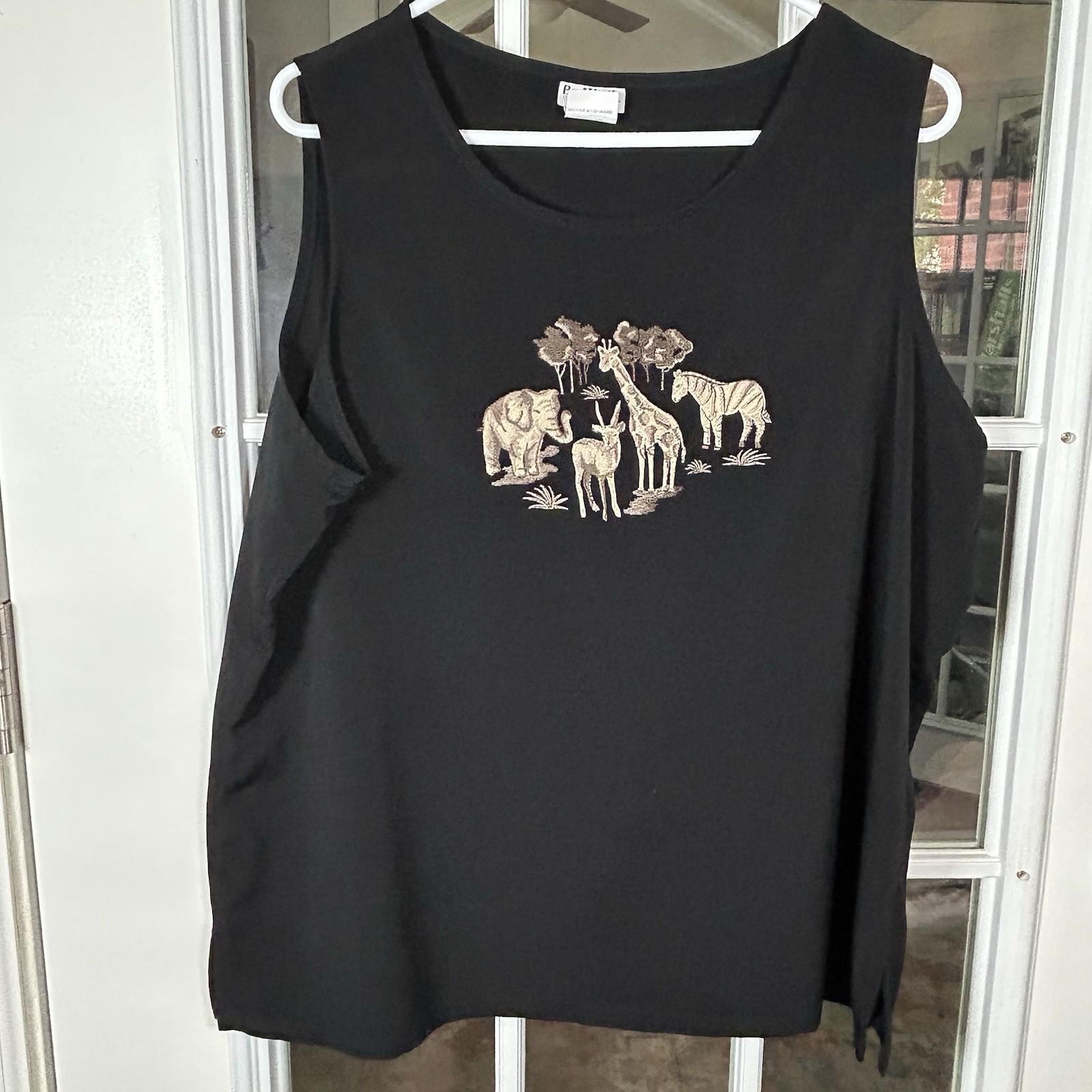 Vintage Bon Worth Black Gold Safari Embroidered Tank Top Elephant Giraffe XL