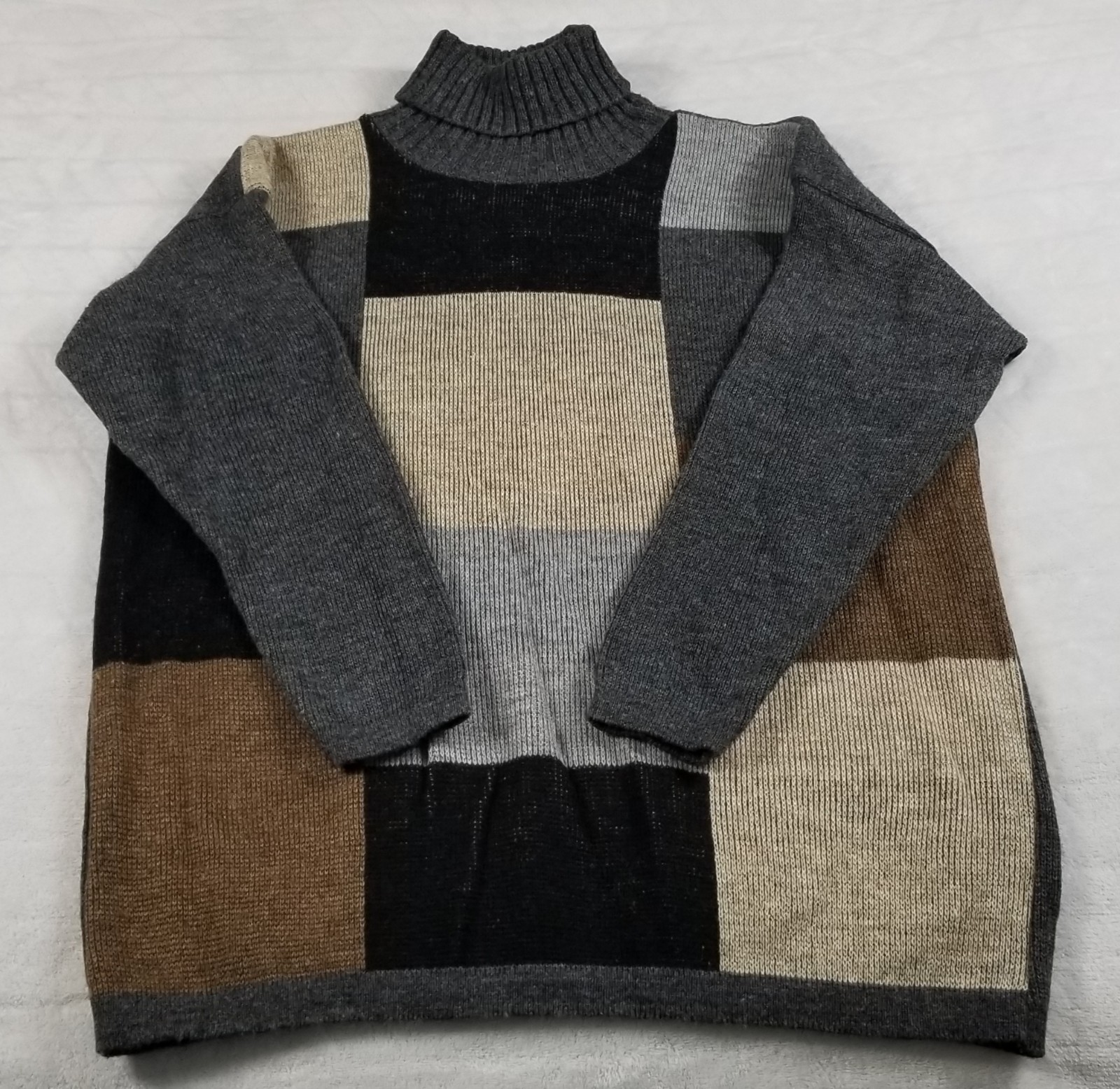 Vintage 80s Cos Cob Turtle Neck Sweater LARGE Colorblock Ribbed Knit Brown Multi