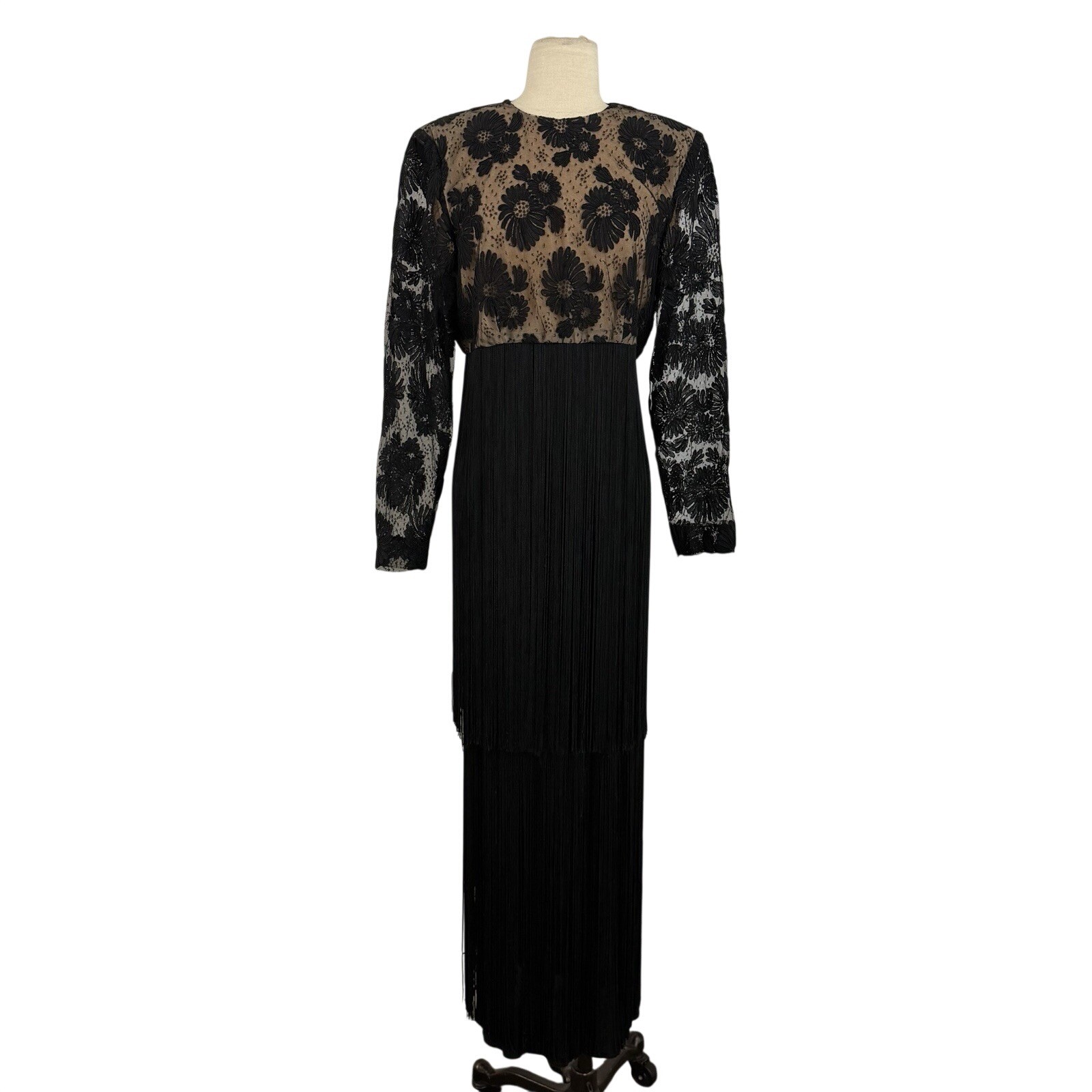 Vintage Richilene New York Joseph The Furrier Lace Tiered Fringe Maxi Gown