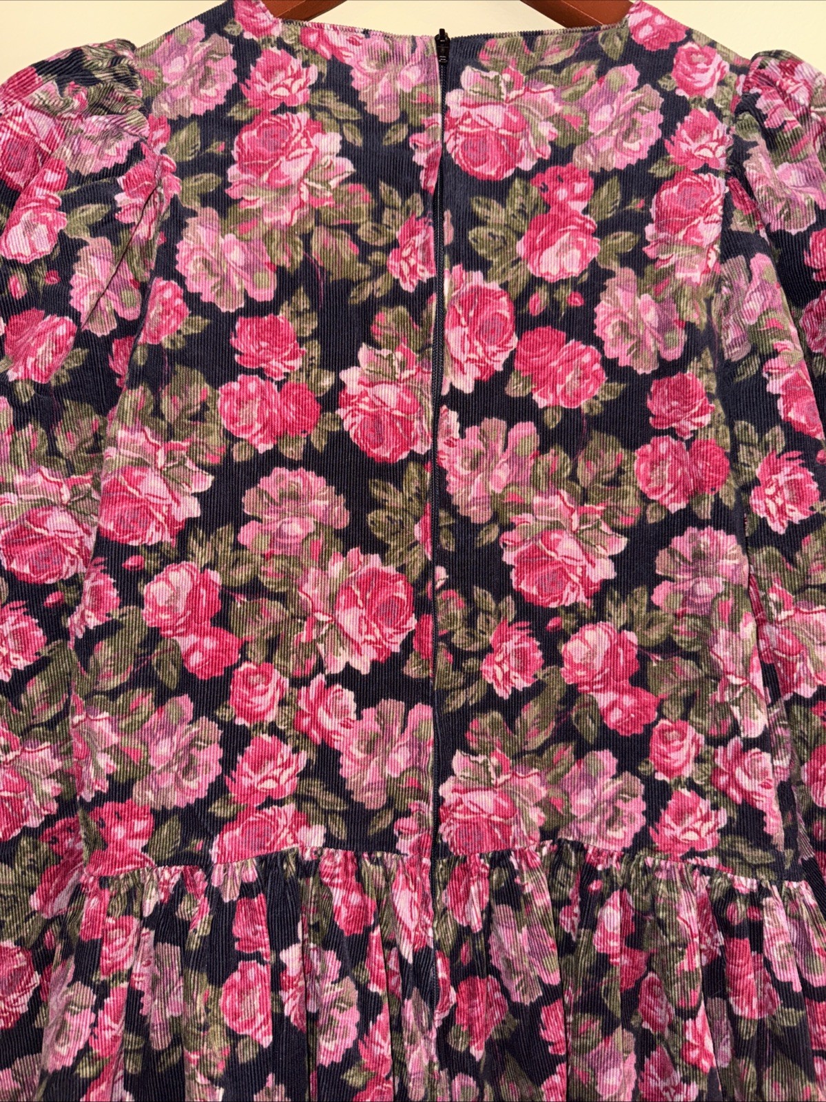 Vtg 80’s Laura Ashley Corduroy Pink Roses Dress Sz 6 Long Puff Sleeves Prairie