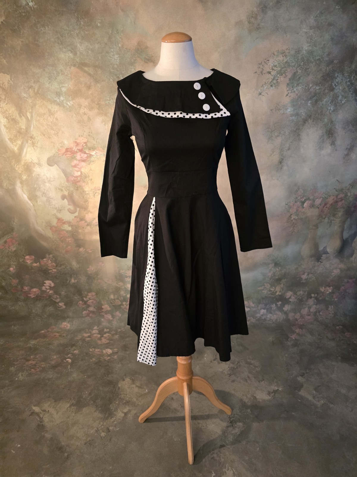 Vintage Style Rockabilly Swing Dress Black White Polkadot Accents S