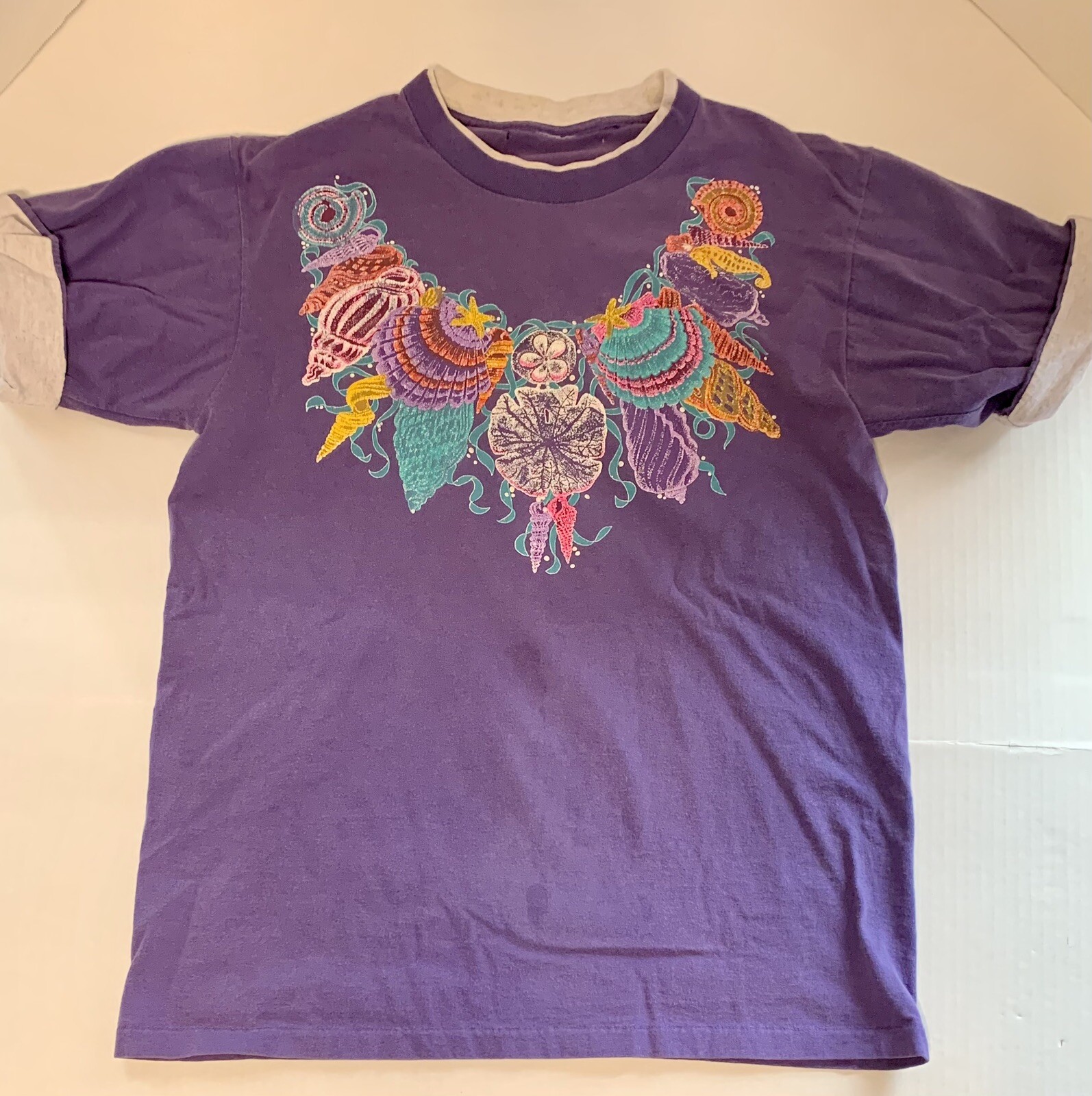 Vtg 90s Panama Jack Granny TShirt L ? Purple Shells Glittery Distressed Sea