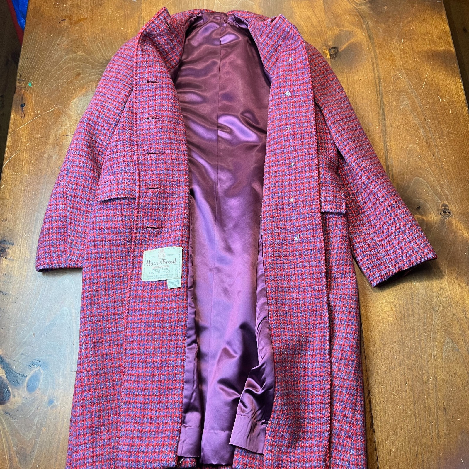Harris Tweed Coat True Vintage 60s Women S/M Scottish Wool Red Purple Grandma
