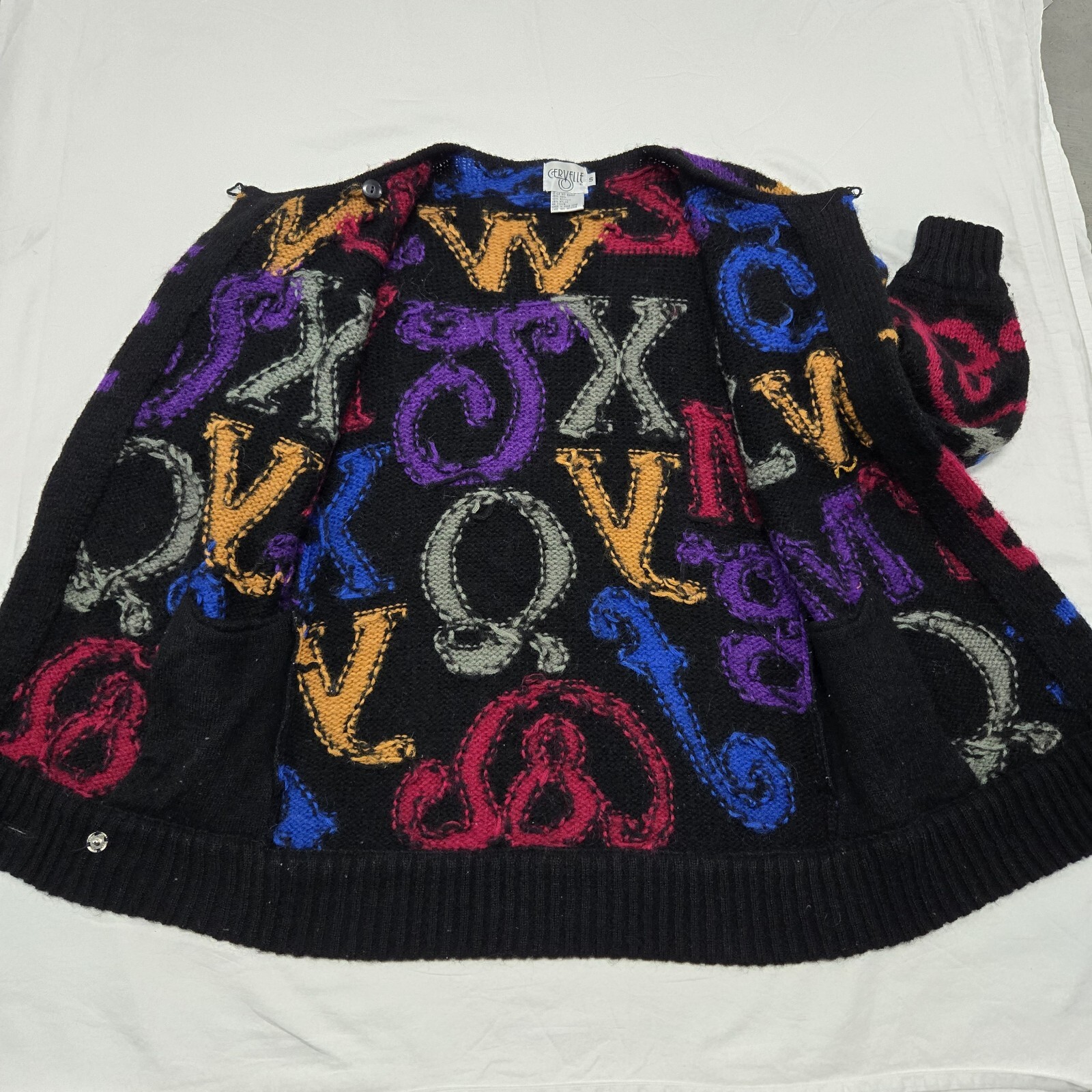 VTG Womens SMALL Cervelle Alphabet Letters Cardigan Sweater Oversized Wool Blend
