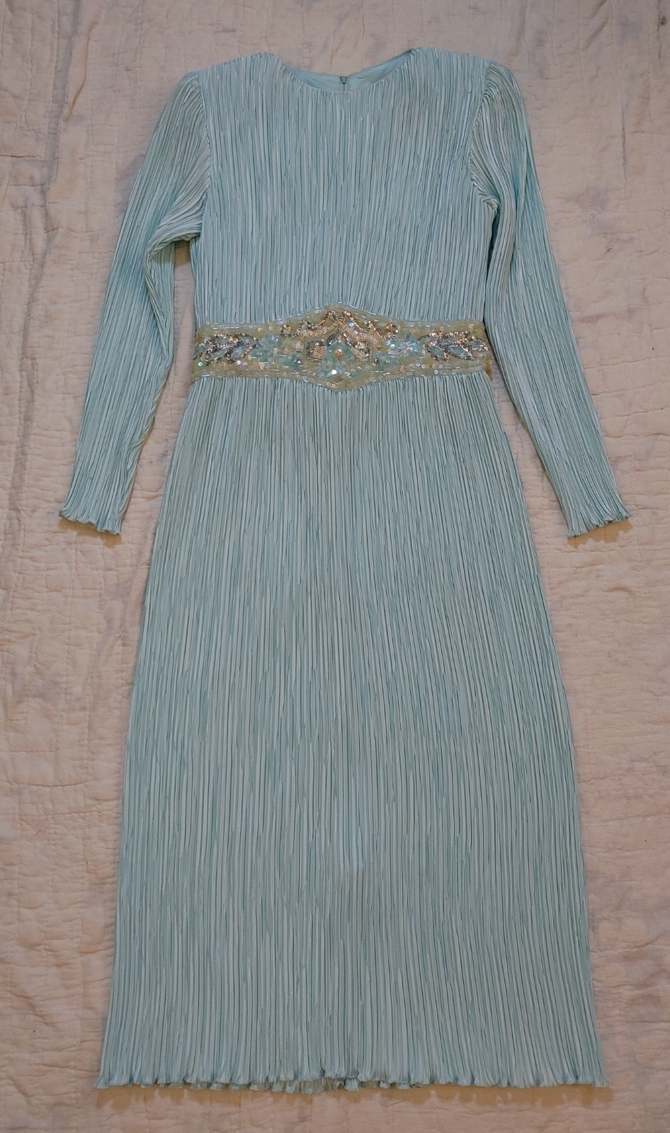 Vintage Ricki Lang Nuit Fortuny Pleat Evening Dress Deco Sequin 14 USA Union tag