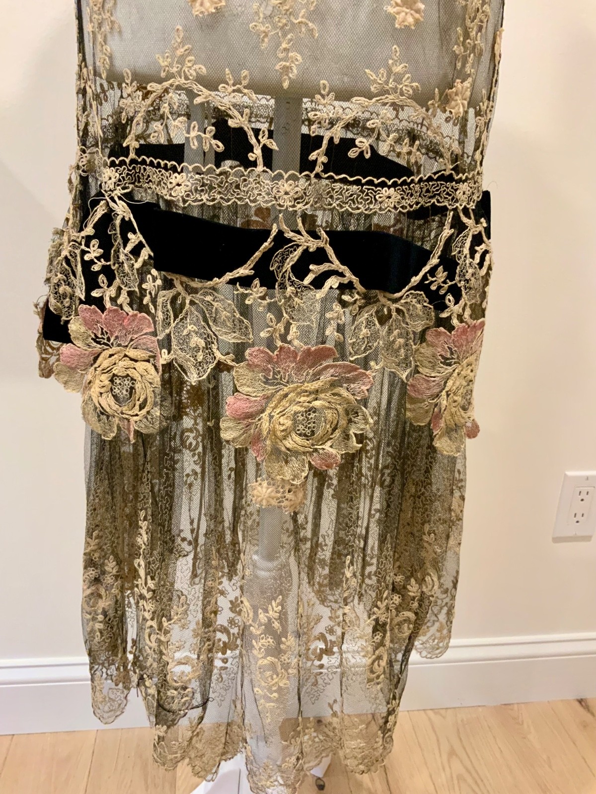 Rare 1920s French Lace Dress. Black Net & Pink Floral Embroidery. Restored S