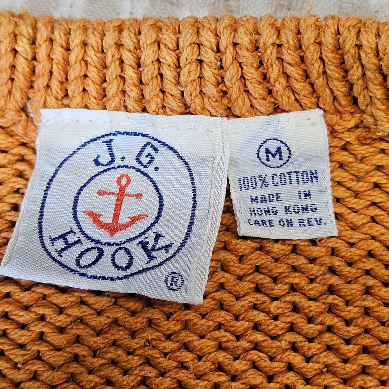 J.G. Hook Vintage Nautical Anchor Rust Cream Stripe Boatneck Cotton Knit Sweater