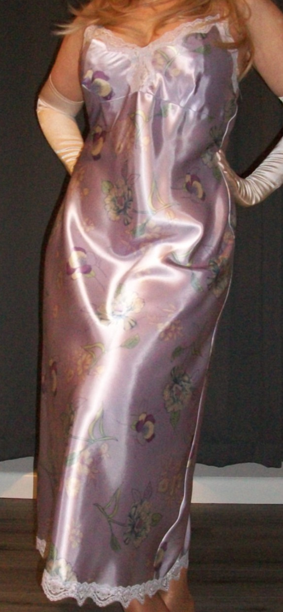 Vtg Purple Lilac Floral Long Shiny Satin Nightgown M