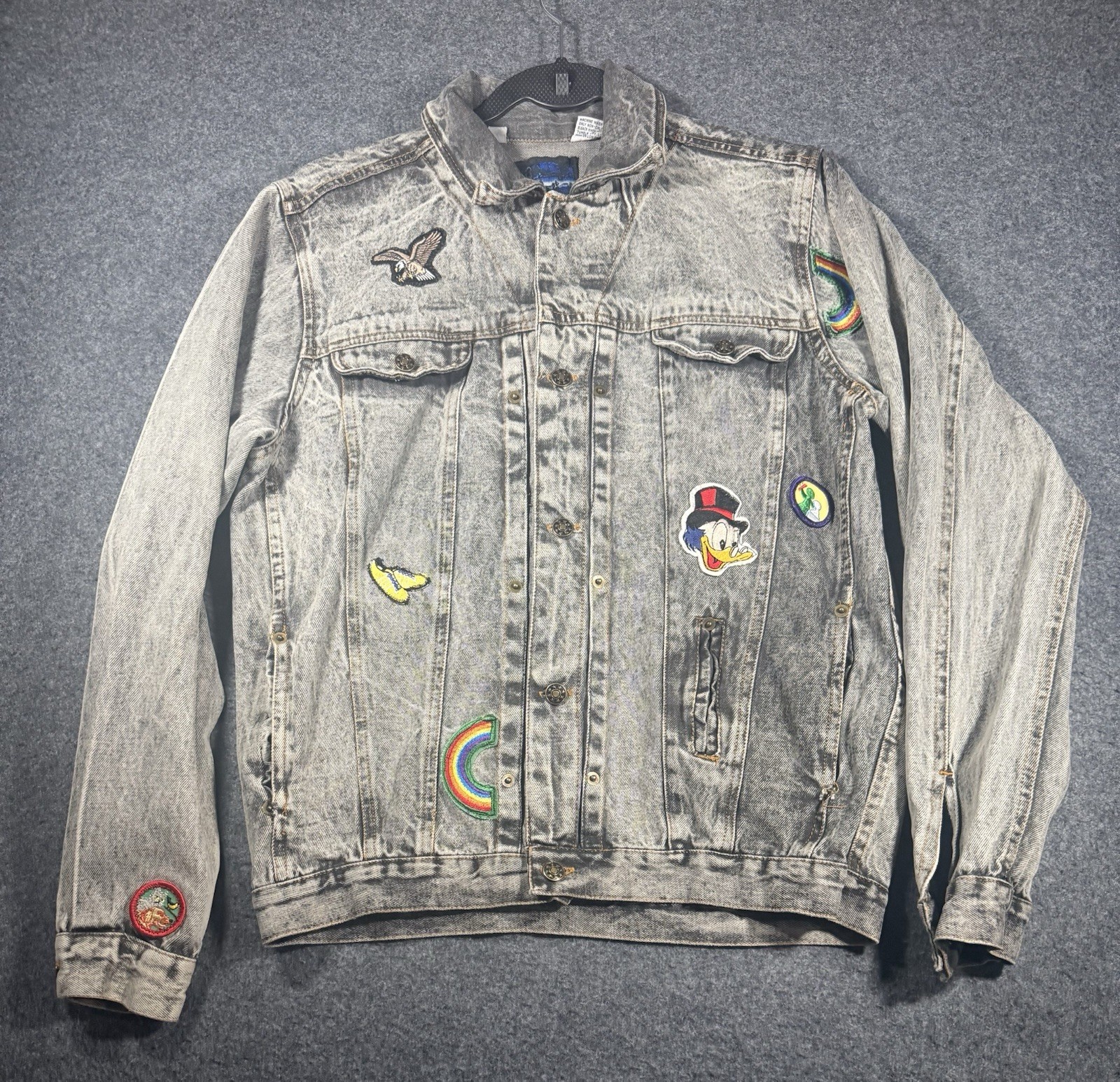Vintage Canyon River Blues Acid Wash Denim Jacket with Multi-Theme Patches XL