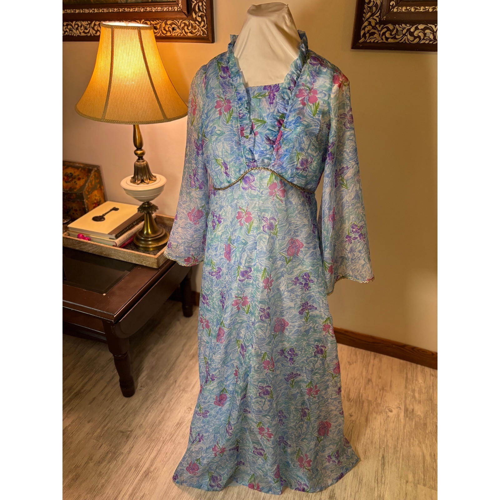 Vintage 60s Mad Men flower Dress Set, Sheer Layered Gown Bell Sleeve S/M