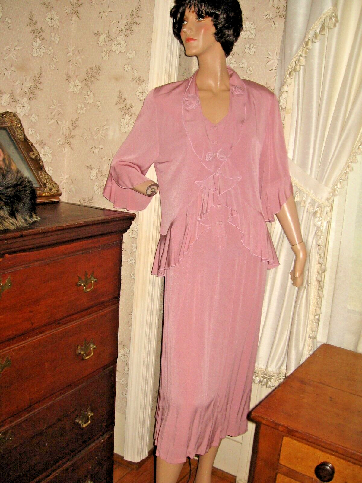 LOVELY VINTAGE 1980-90 WILD ROSE MAUVE MIDI 2 PIECE OUTFIT – DRESS -JACKET