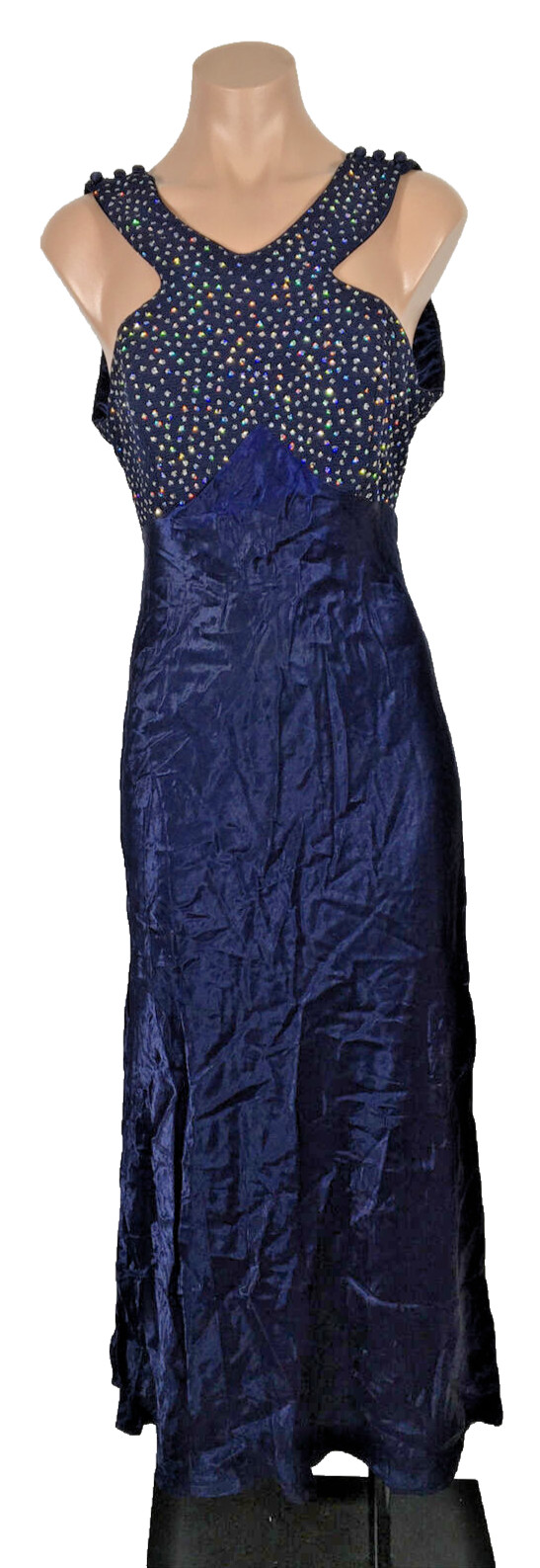 Vtg 90s y2k L.A. Glo Blue Glitter Prom Dress Evening Formal High Neck Backless
