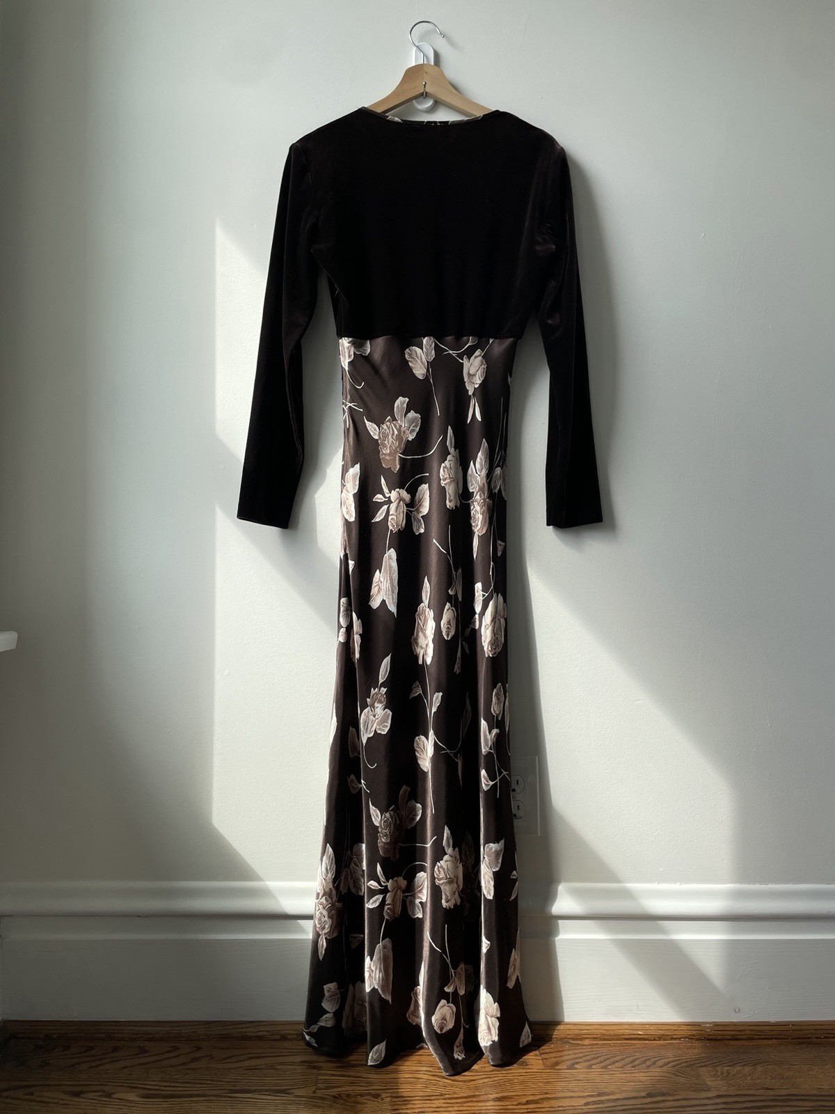 Vintage S M Dress Maxi Velour Satin Rose Floral print 90s Brown VGUC