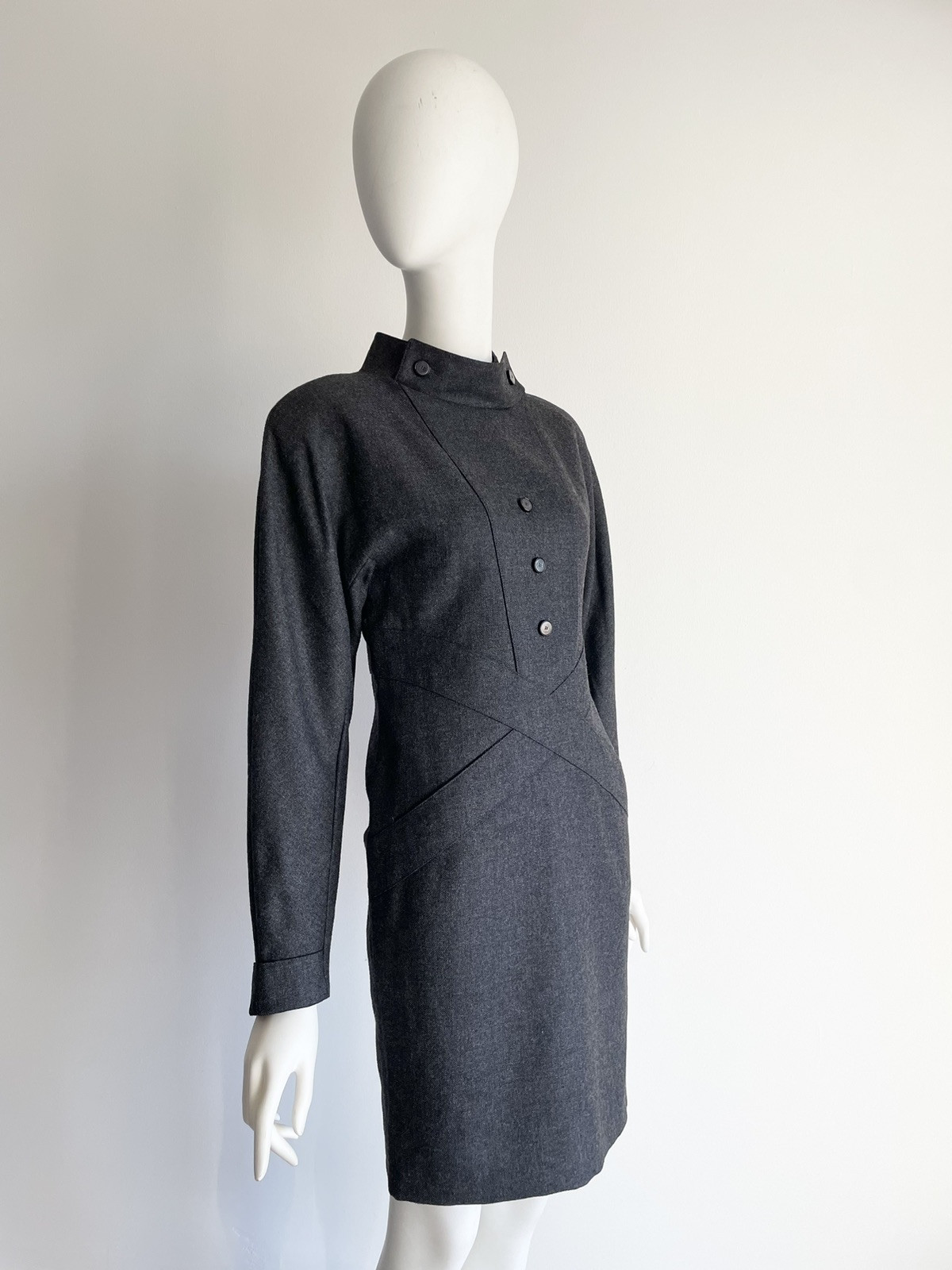 Vintage 1980s Chloe Gray Wool Dress Cross Front Buttons Shoulder Pads Size XS