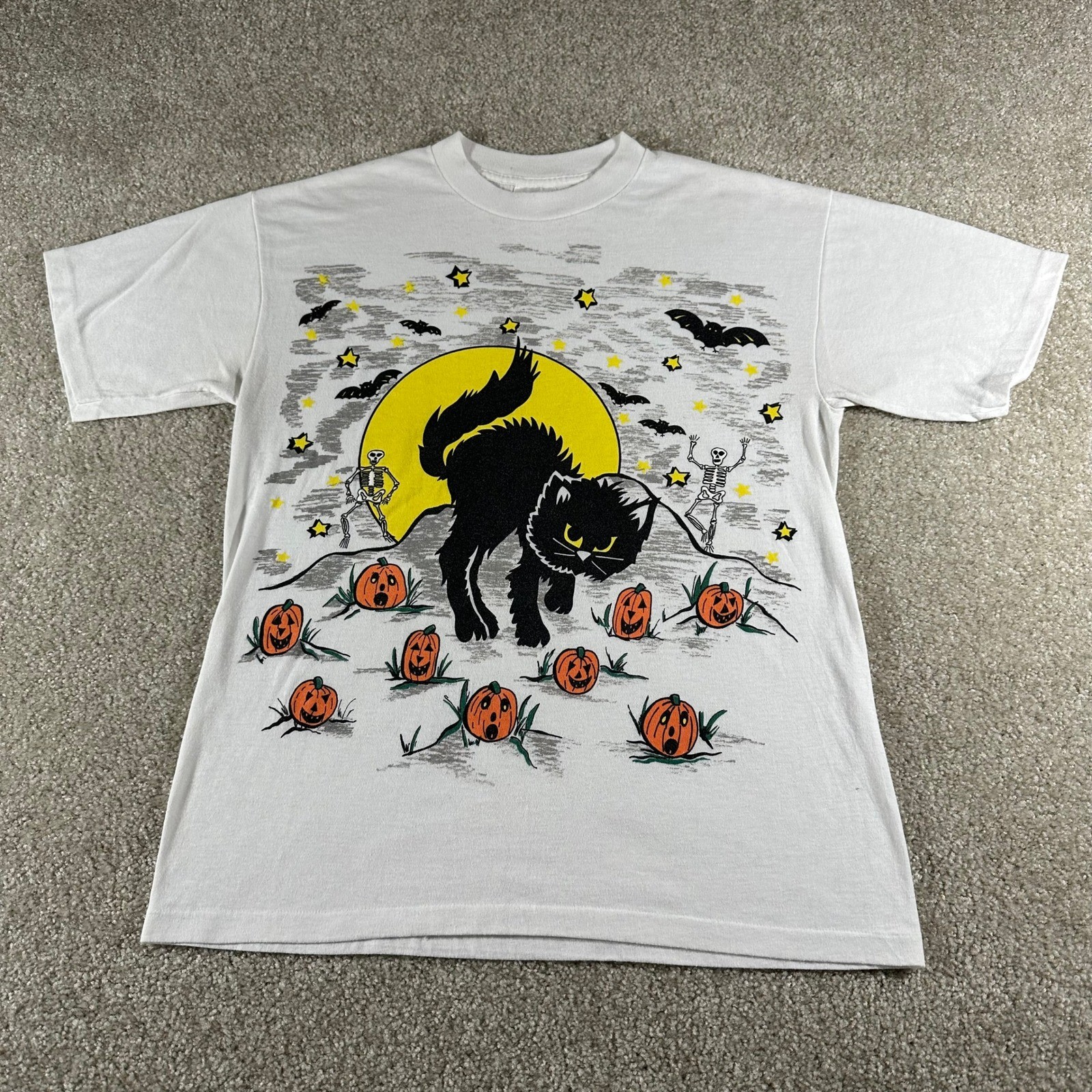 Vintage 90s Halloween T Shirt Tect Black Cat Moon Pumpkin Single Stitch size L