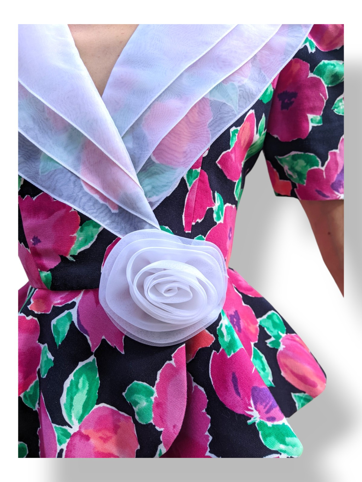 Vtg Leslie Fay 80s Peplum Jacket Top Chiffon Collar Rose Floral Easter Suit Sz 4