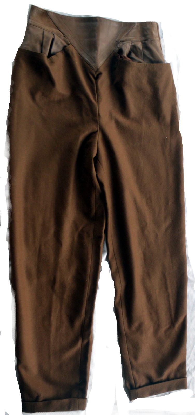 Vintage 80’s ELGE4 High Waisted Brown Cuffed Trousers Leather Waistband 26″X38″