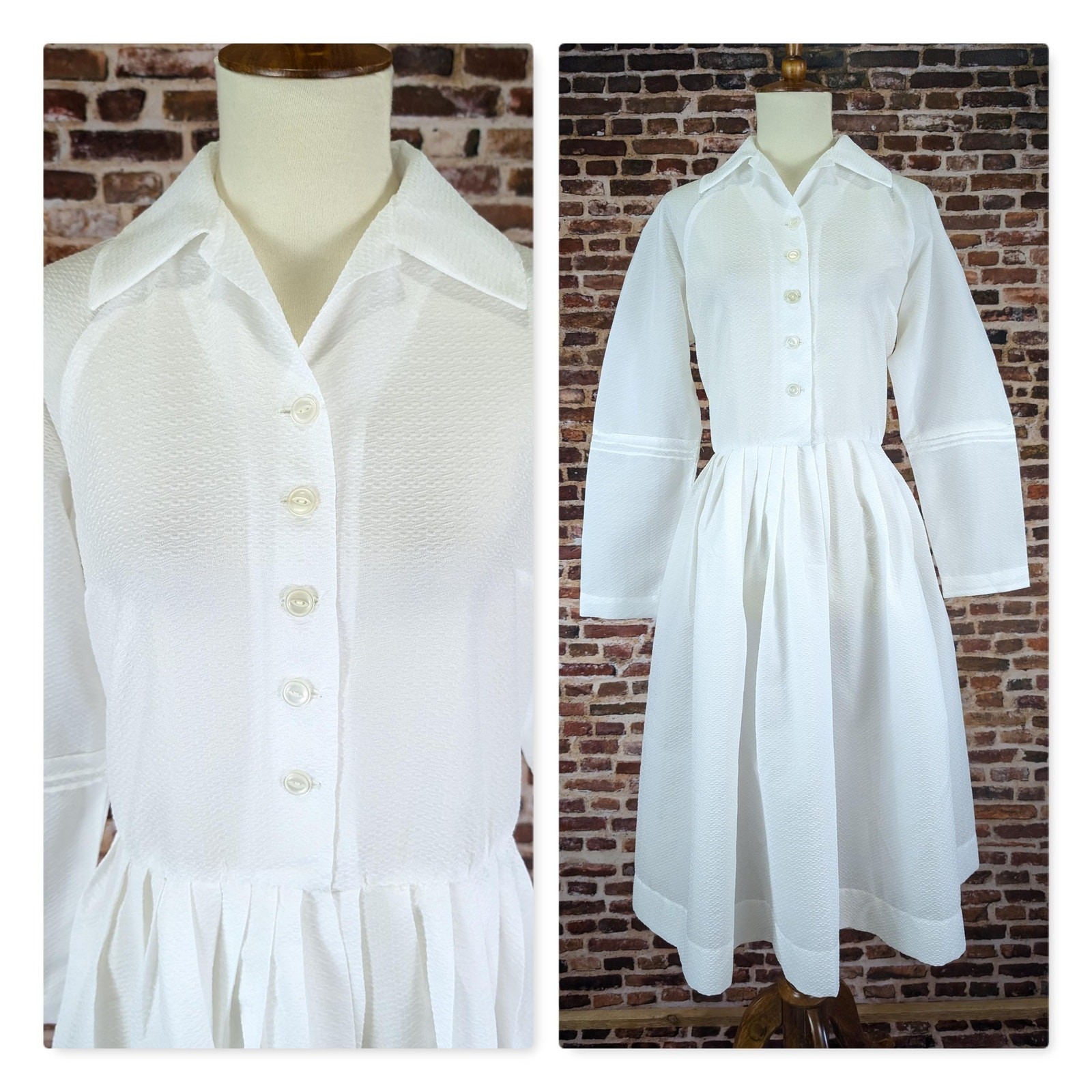Thin White Fit Flare Dress – Button up Shirtwaist MCM Dress – Size Medium