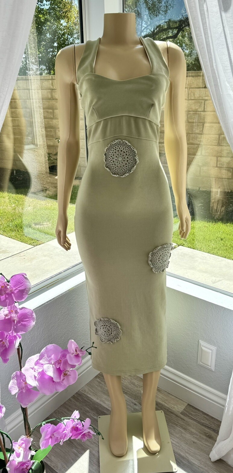 Vintage Brandenburg Maille Dress Size L Large Olive Green Sheath Midi Sleeveless
