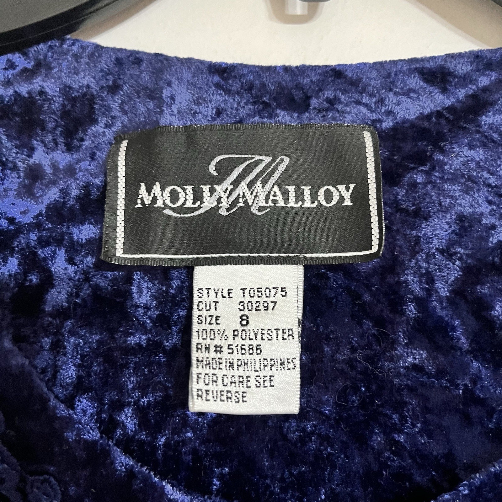 90s Vintage Molly Malloy Dress Women’s Size 8 Midi Length Blue Crushed Velvet