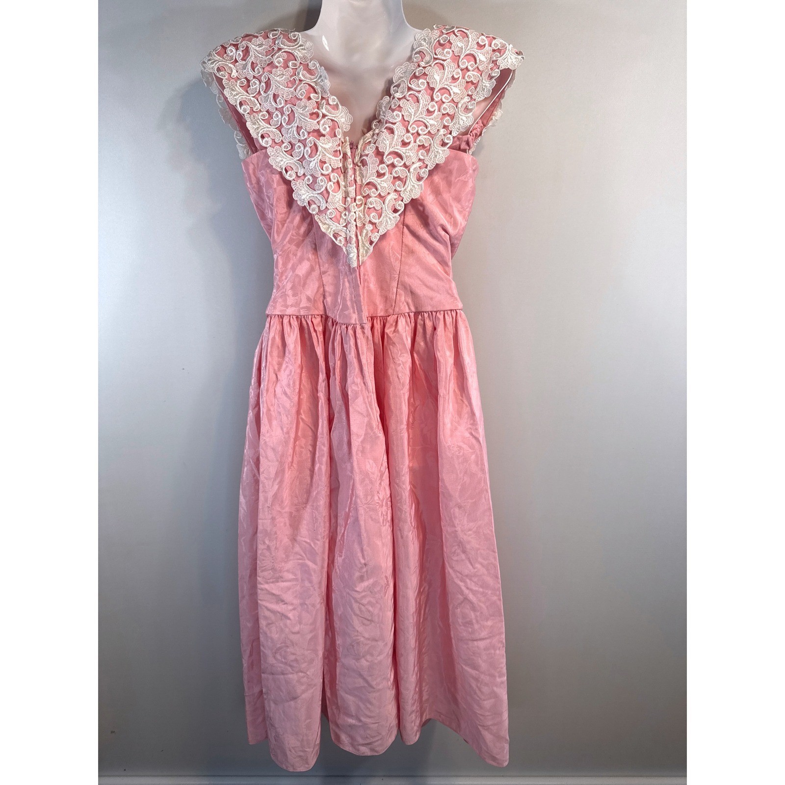 Vintage Alfred Angelo Floral Jacquard Midi Dress Lace Trim Basque Waist 80s XS