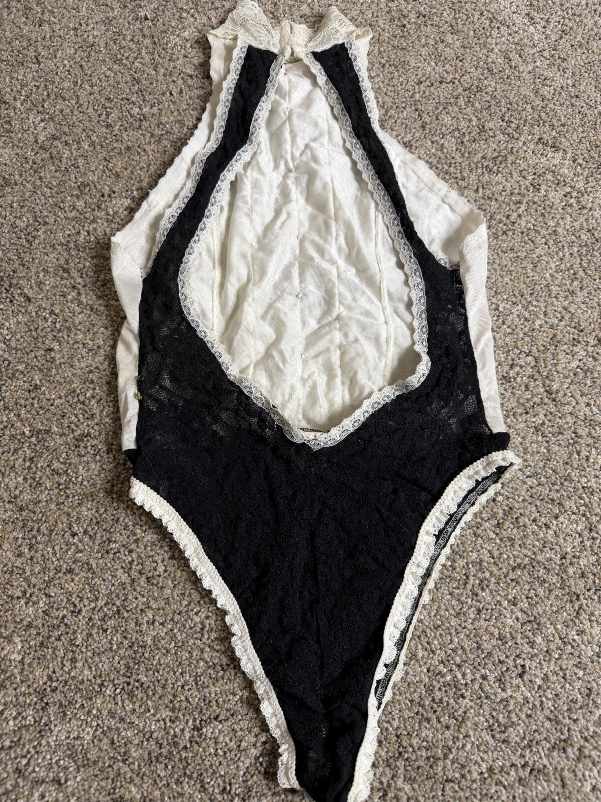 VTG Andrea Kristoff Escante Lace Teddy Ruffle Halter Cutout Tuxedo Sz Small