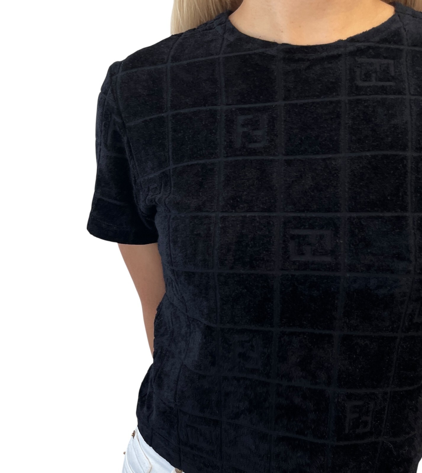 FENDI Vintage FF Logo Velour Short Sleeve Top #46 Black Rayon T-shirt