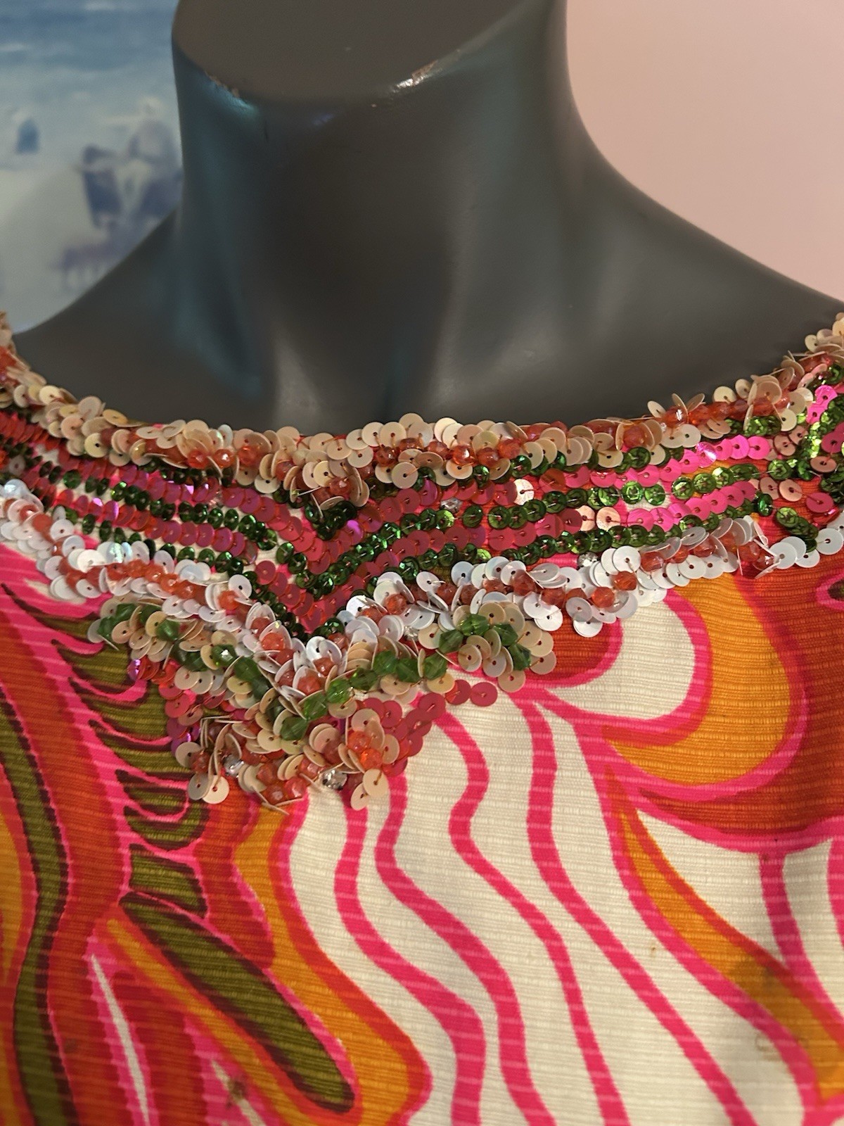 Vintage Cameo Psychedelic Maxi Dress 10 Orange White Pink Cotton Sequins Trim