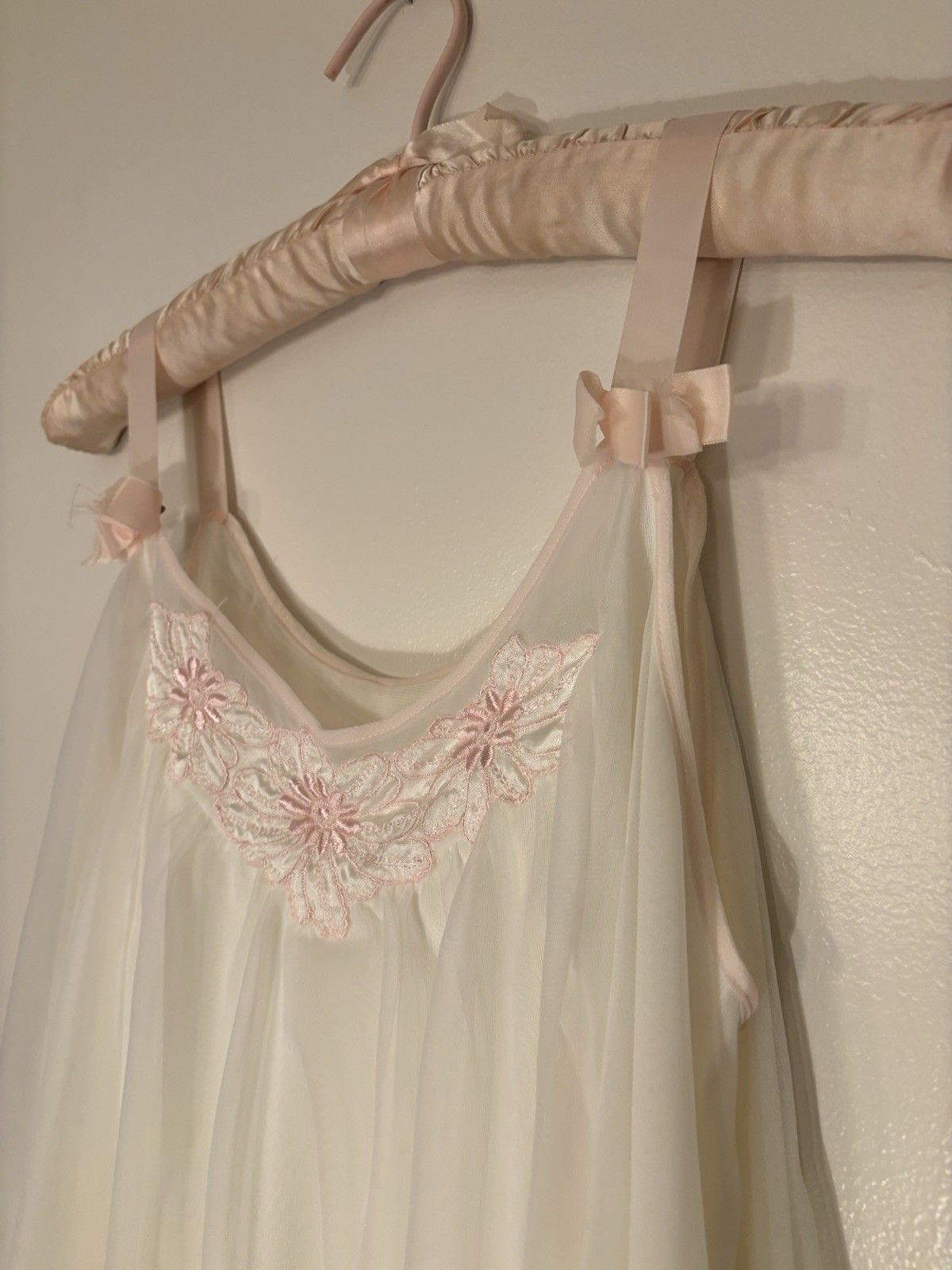 VTG 1960s Babydoll Nightgown Peignoir Double Layer Nylon Chiffon White Pink Lace