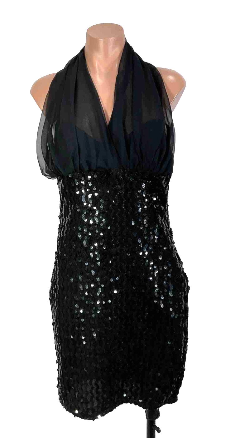 Vintage 90s L.A. Glo Sequin Black Metallic Chiffon Halter Disco Mini Dress 7/8