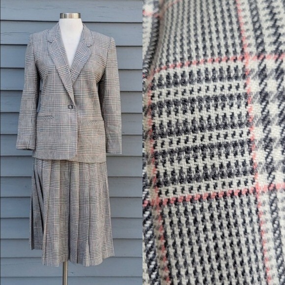 Vintage 90s Talbots Pink Gray Herringbone Glen Plaid Skirt Blazer Suit Set Sm