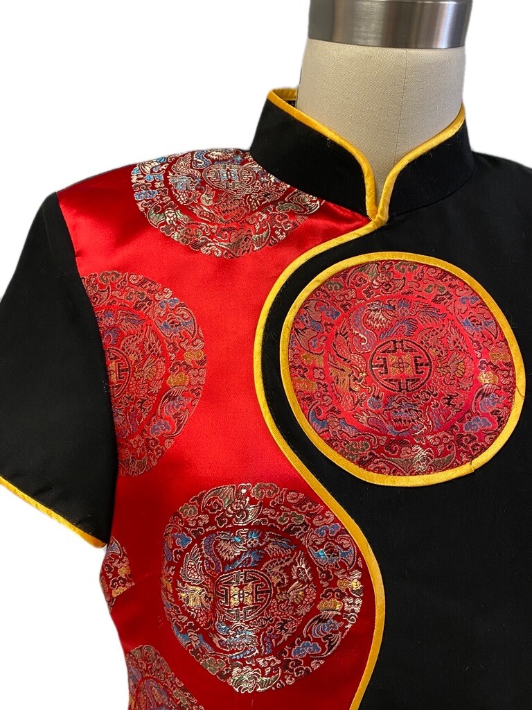 VTG 80s Red Satin Damask Top M L Custom Made Unworn Yellow Piping Shoulder Pads