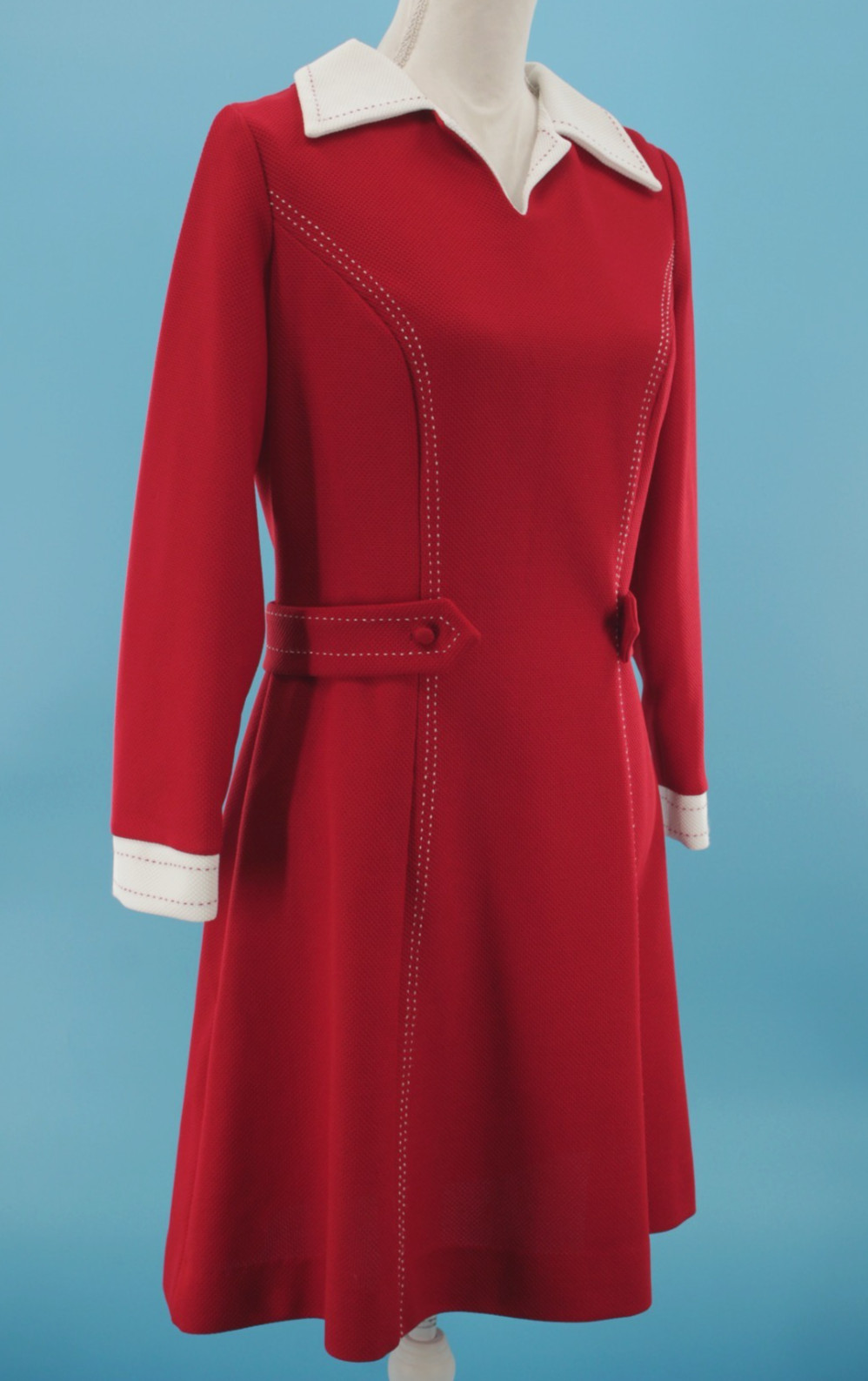 VTG Womens 60s Dark Red Long Sleeve Mini Dress W/ White Collar & Cuffs S/M 1960s