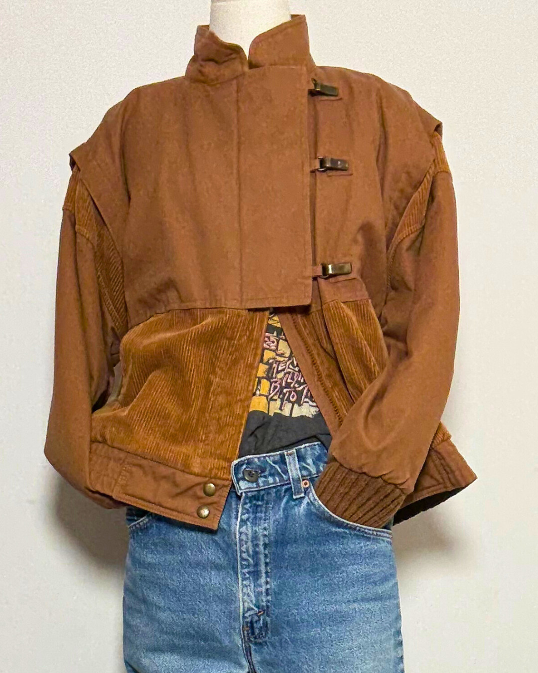 Vintage 80s J Gallery Cropped Bomber Jacket Canvas Corduroy Brown Streetwear S