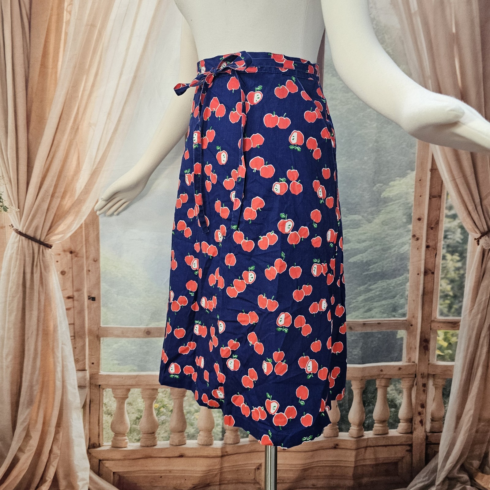 Vintage 1970s Wrap Skirt Navy Blue Red Apple Print Tie Closure Magic Union Label