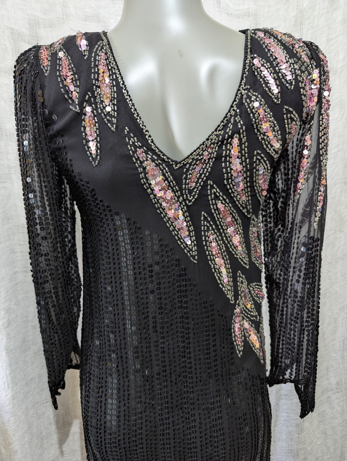VTG Sho Max Originals Black Pink Silk Beads & Sequins Cocktail Dress PS