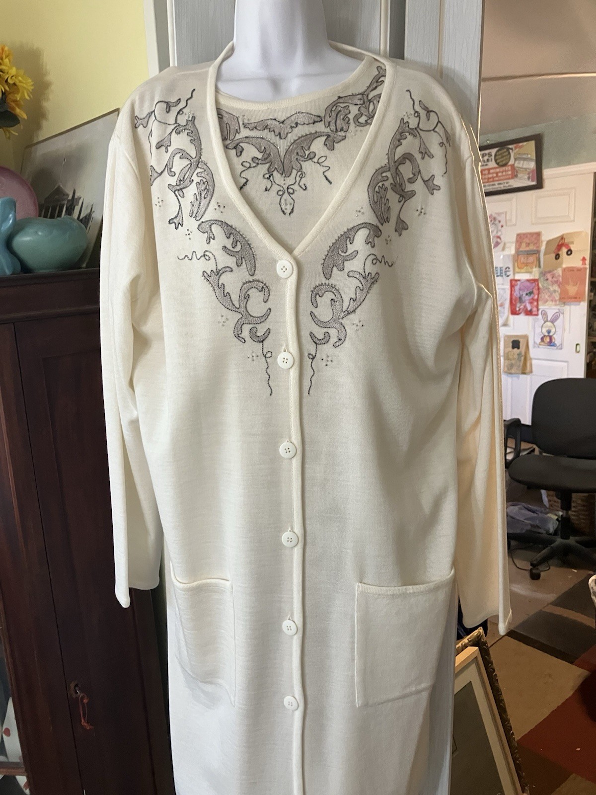 VTG Carole Little Knit Dress & Jacket Cream Silver Beaded Wool Blend XL New NWT