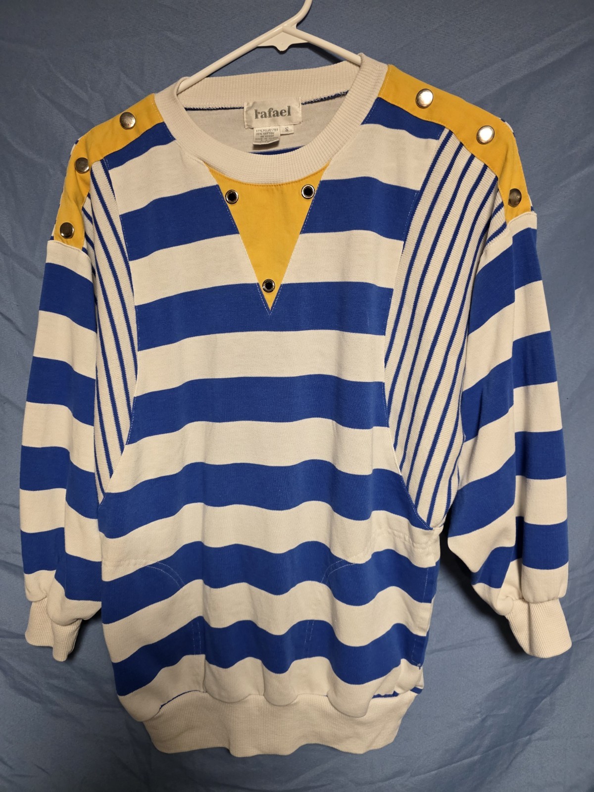 Vntg Rafael Women’s Shirt Blue & White Stripe, Yellow, Metal Buttons Size Small